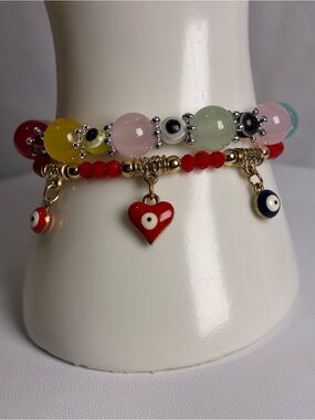 Red Heart Charm Evil Eyes Glass Beaded Bracelet Set New Without Tags